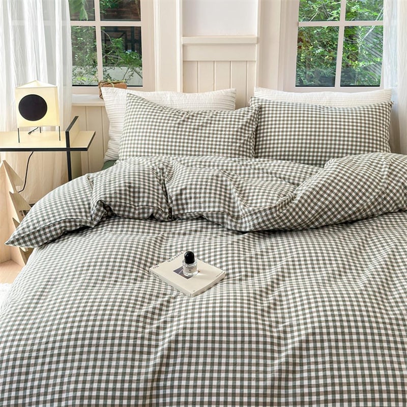 Mucalis Green Gingham Duvet Cover King 100% Washed Cotton Checked Duvet Cover Set Modern Plaid 3 Piece Grid Bedding Set with Zipper Closure Corner Ties Durable Breathable Easy Care - Image 4